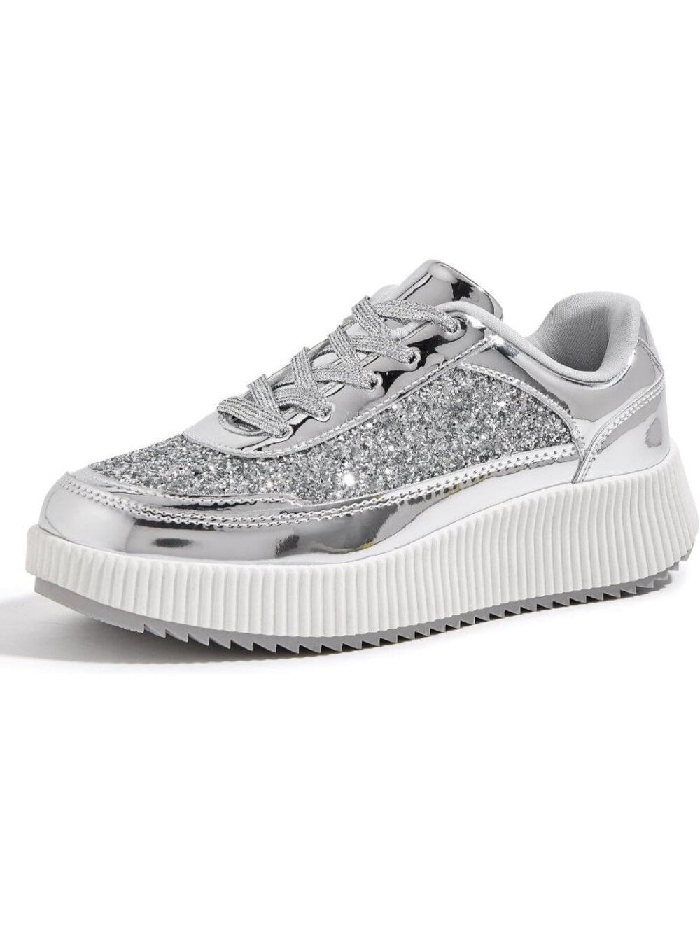 Women's Silver Glitter Fashion Braided Crochet Lace Up Retro Walking Sneakers